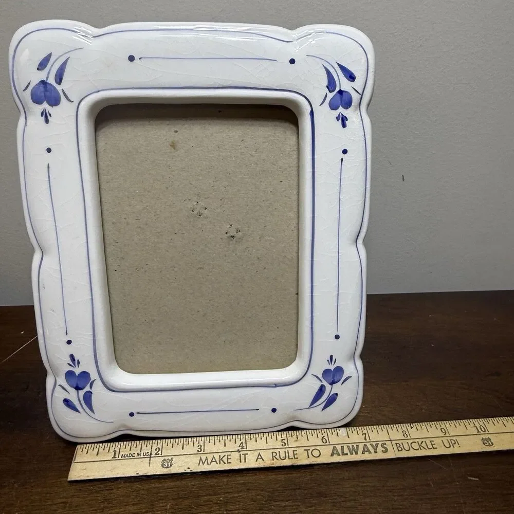 Vintage Blue White Floral Ceramic Freestanding Photo Frame 5x7 Some Crazing
